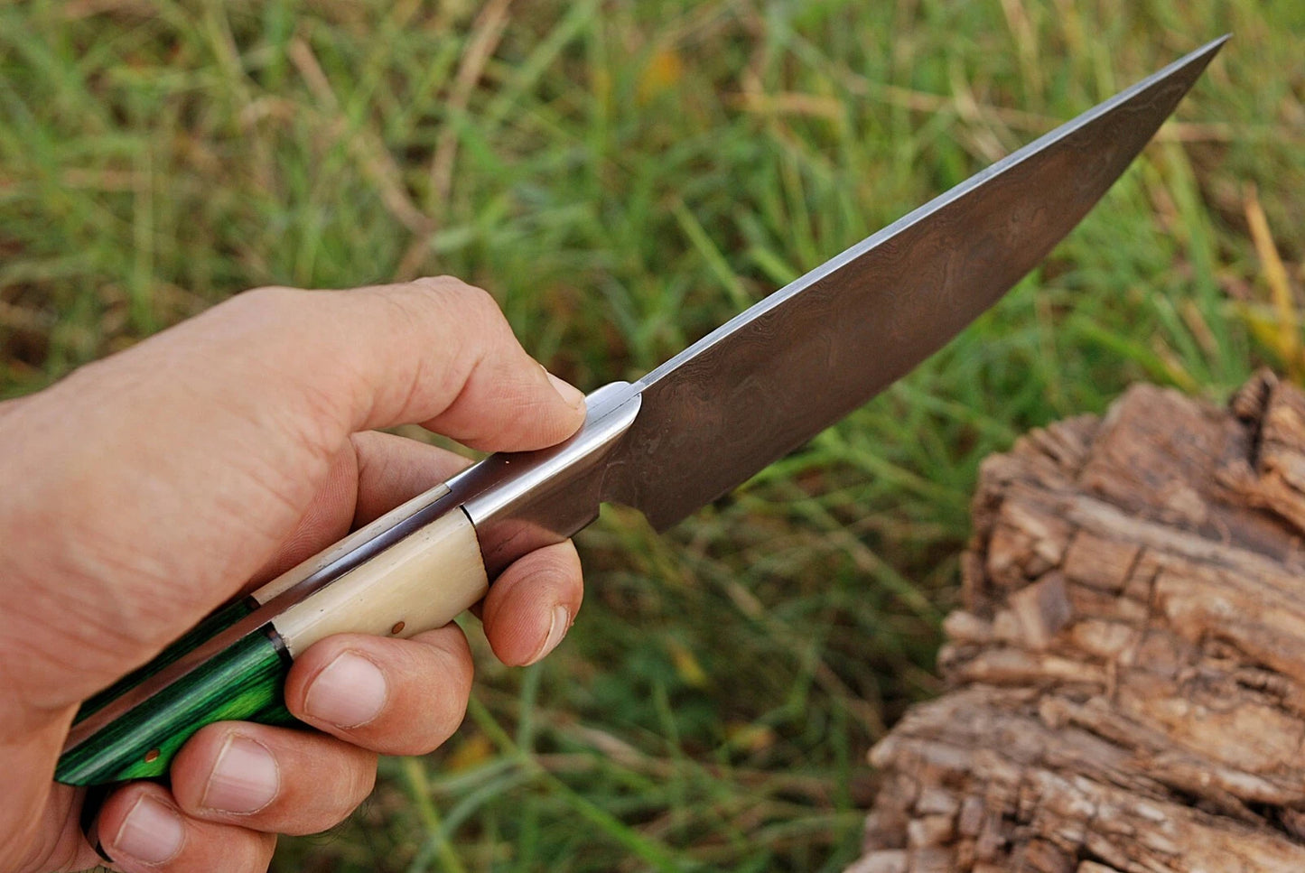 HAND FORGED DAMASCUS STEEL CHEF KNIFE W/ CAMEL BONE & WOOD HANDLE