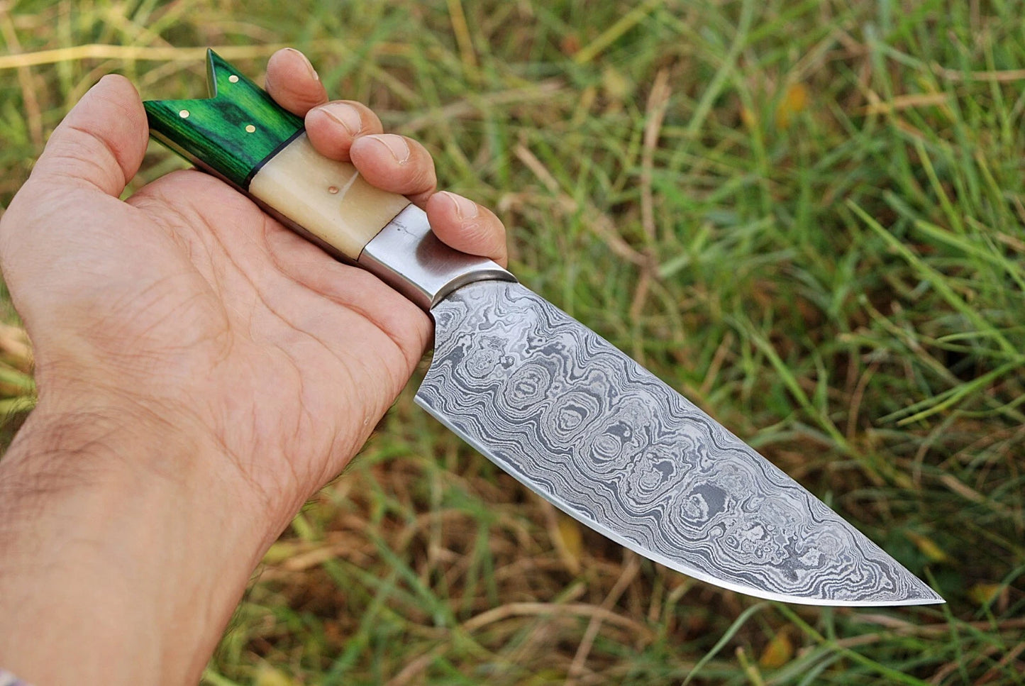 HAND FORGED DAMASCUS STEEL CHEF KNIFE W/ CAMEL BONE & WOOD HANDLE
