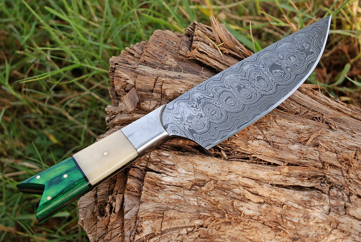 HAND FORGED DAMASCUS STEEL CHEF KNIFE W/ CAMEL BONE & WOOD HANDLE