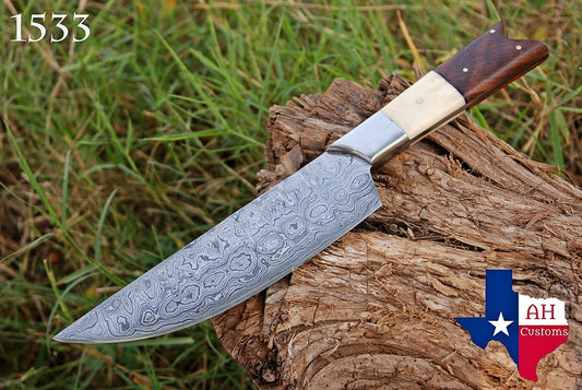 HAND FORGED DAMASCUS STEEL CHEF KNIFE W/ CAMEL BONE & WOOD HANDLE AH