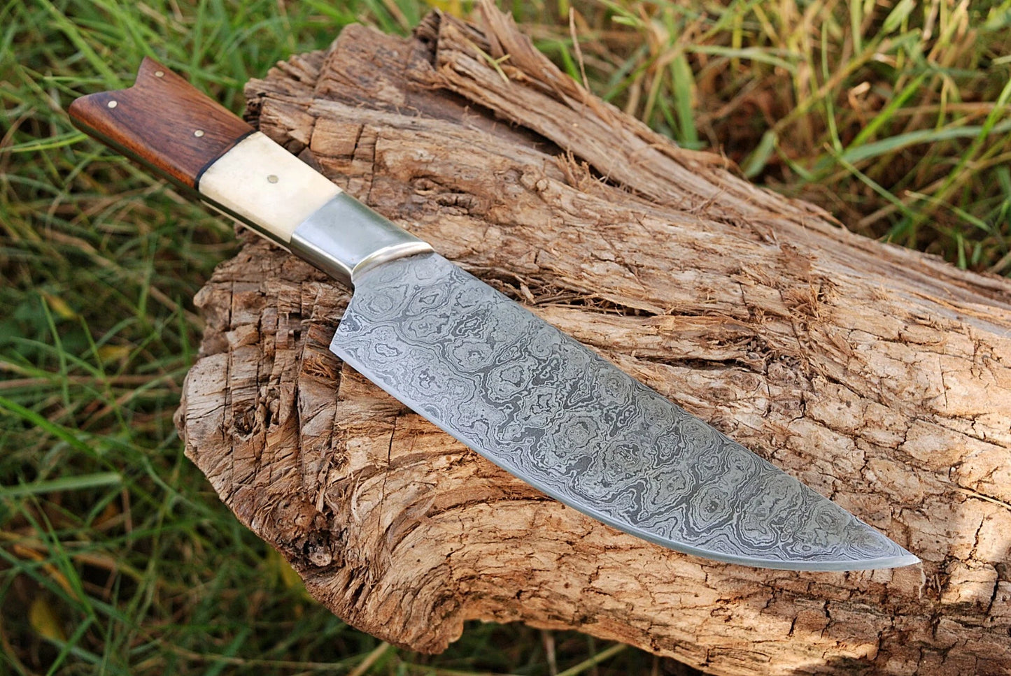 HAND FORGED DAMASCUS STEEL CHEF KNIFE W/ CAMEL BONE & WOOD HANDLE AH