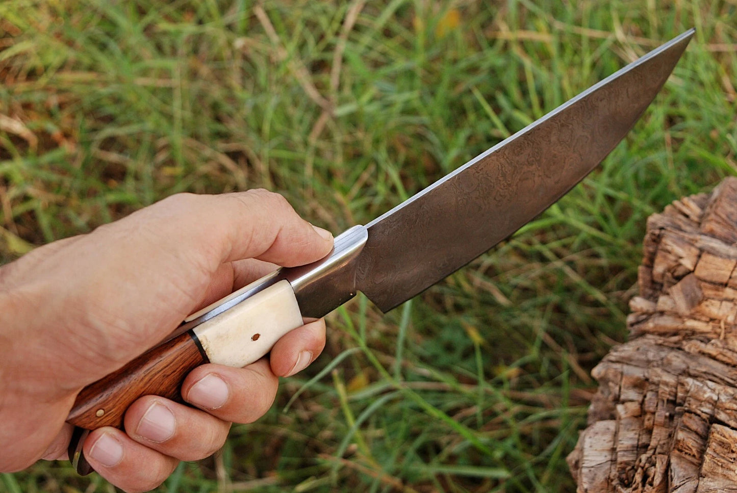 HAND FORGED DAMASCUS STEEL CHEF KNIFE W/ CAMEL BONE & WOOD HANDLE AH