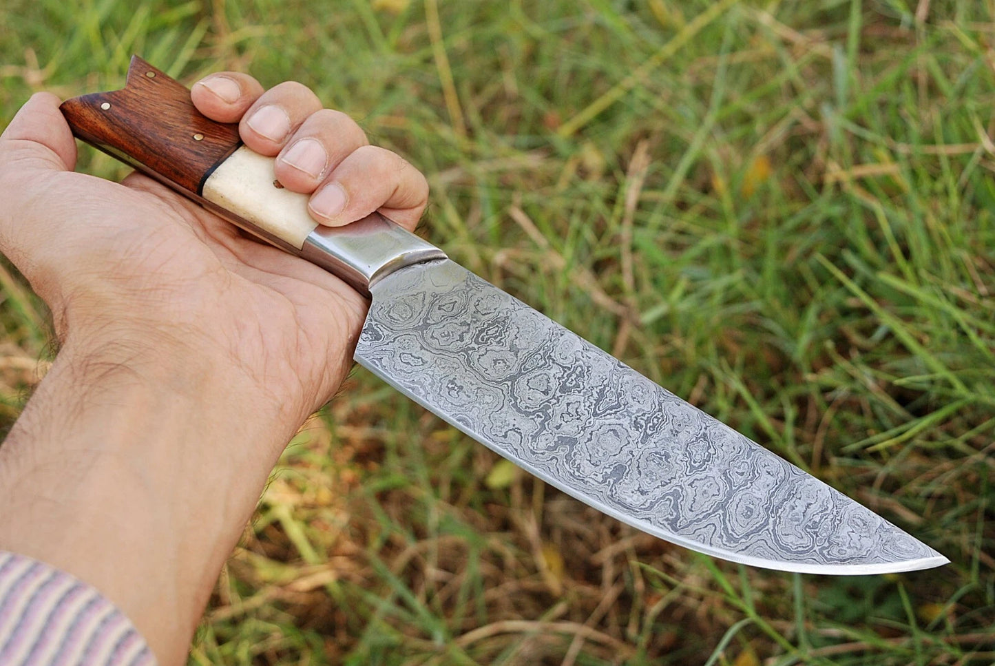 HAND FORGED DAMASCUS STEEL CHEF KNIFE W/ CAMEL BONE & WOOD HANDLE AH