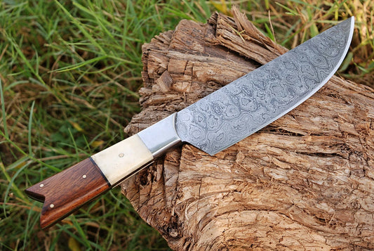 HAND FORGED DAMASCUS STEEL CHEF KNIFE W/ CAMEL BONE & WOOD HANDLE AH