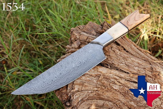 HAND FORGED DAMASCUS STEEL CHEF KNIFE W/ CAMEL BONE & WOOD HANDLE