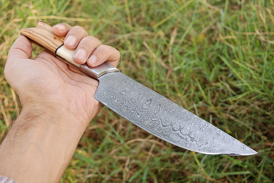 HAND FORGED DAMASCUS STEEL CHEF KNIFE W/ CAMEL BONE & WOOD HANDLE