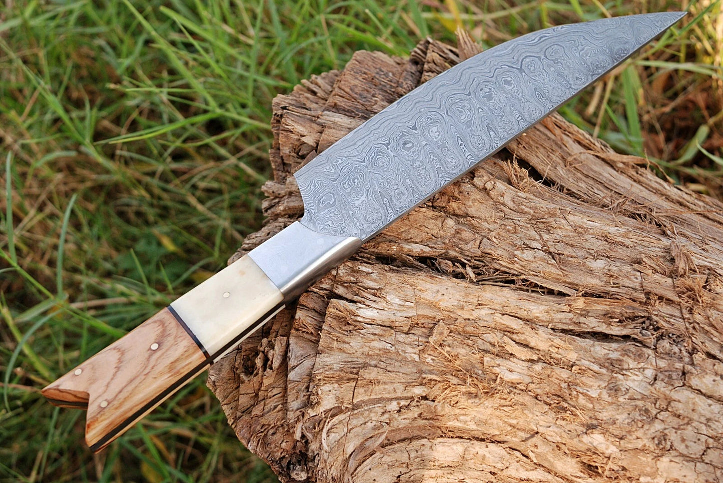 HAND FORGED DAMASCUS STEEL CHEF KNIFE W/ CAMEL BONE & WOOD HANDLE