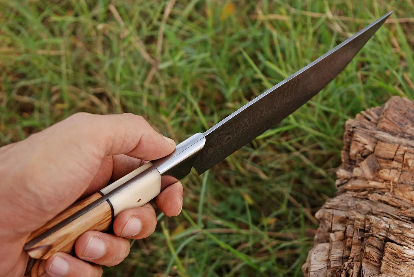 HAND FORGED DAMASCUS STEEL CHEF KNIFE W/ CAMEL BONE & WOOD HANDLE