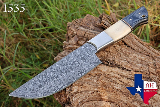 HAND FORGED DAMASCUS STEEL CHEF KNIFE W/ CAMEL BONE & WOOD HANDLE