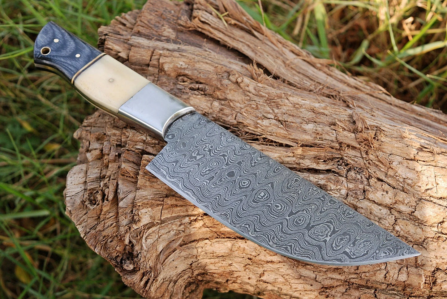 HAND FORGED DAMASCUS STEEL CHEF KNIFE W/ CAMEL BONE & WOOD HANDLE