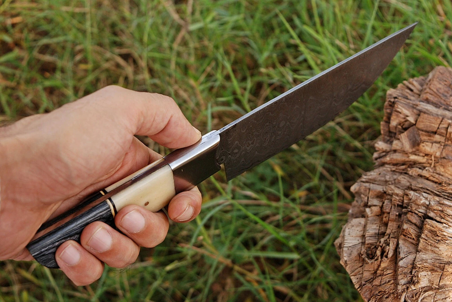 HAND FORGED DAMASCUS STEEL CHEF KNIFE W/ CAMEL BONE & WOOD HANDLE