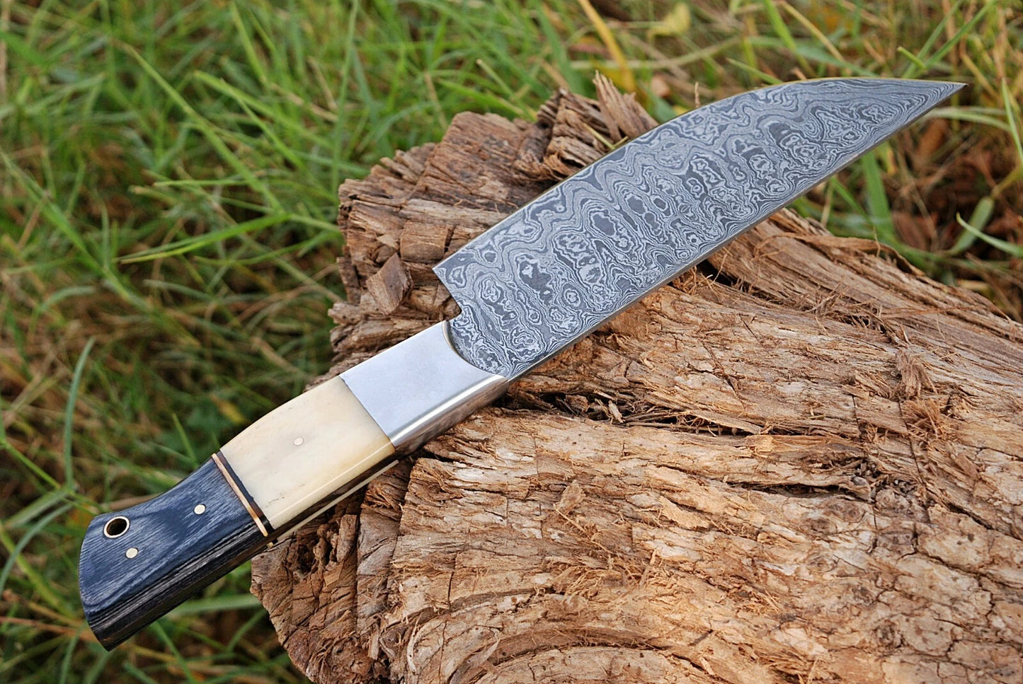HAND FORGED DAMASCUS STEEL CHEF KNIFE W/ CAMEL BONE & WOOD HANDLE