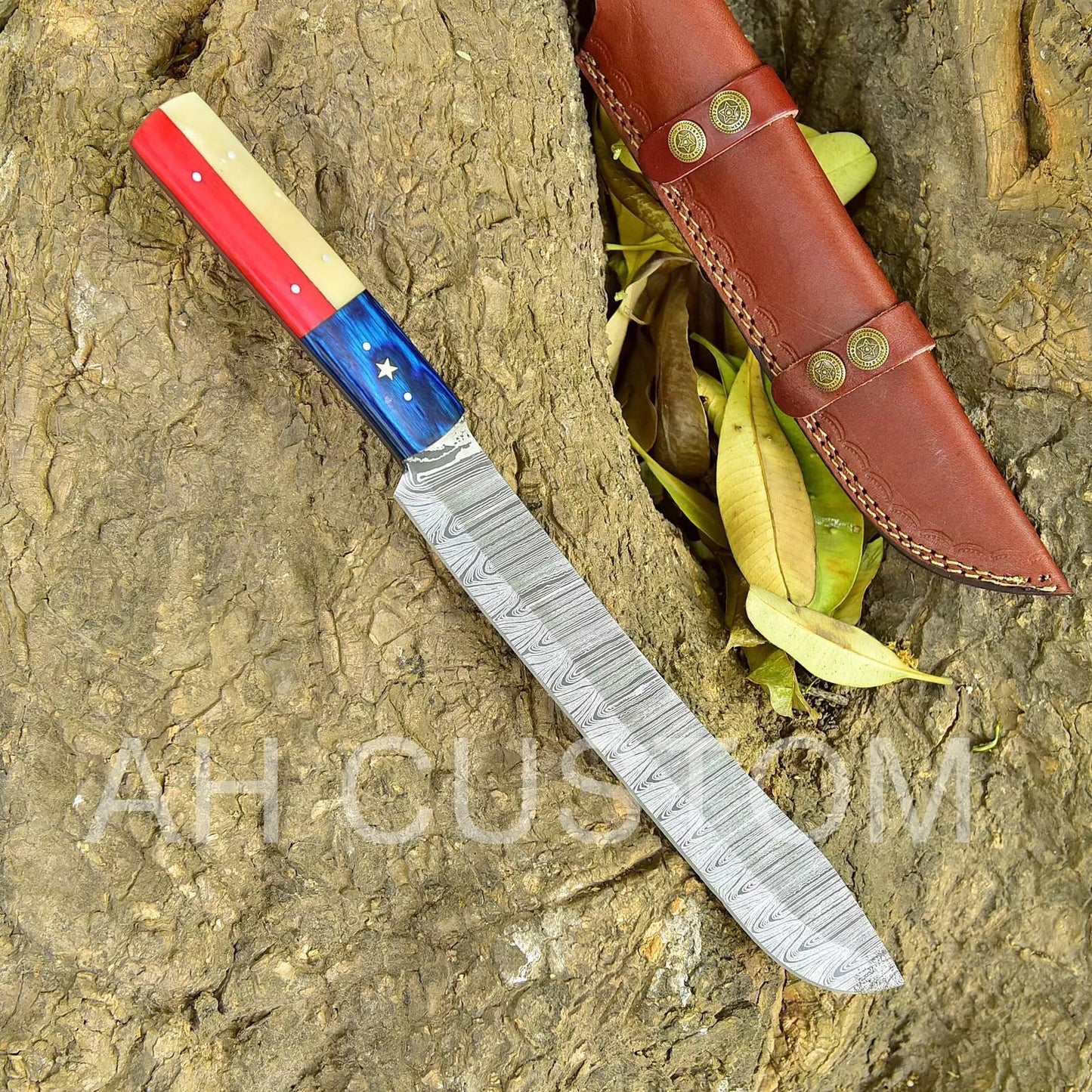HAND FORGED DAMASCUS STEEL BUTCHER/BRISKET CHEF KNIFE & TEXAS FLAG HANDLE
