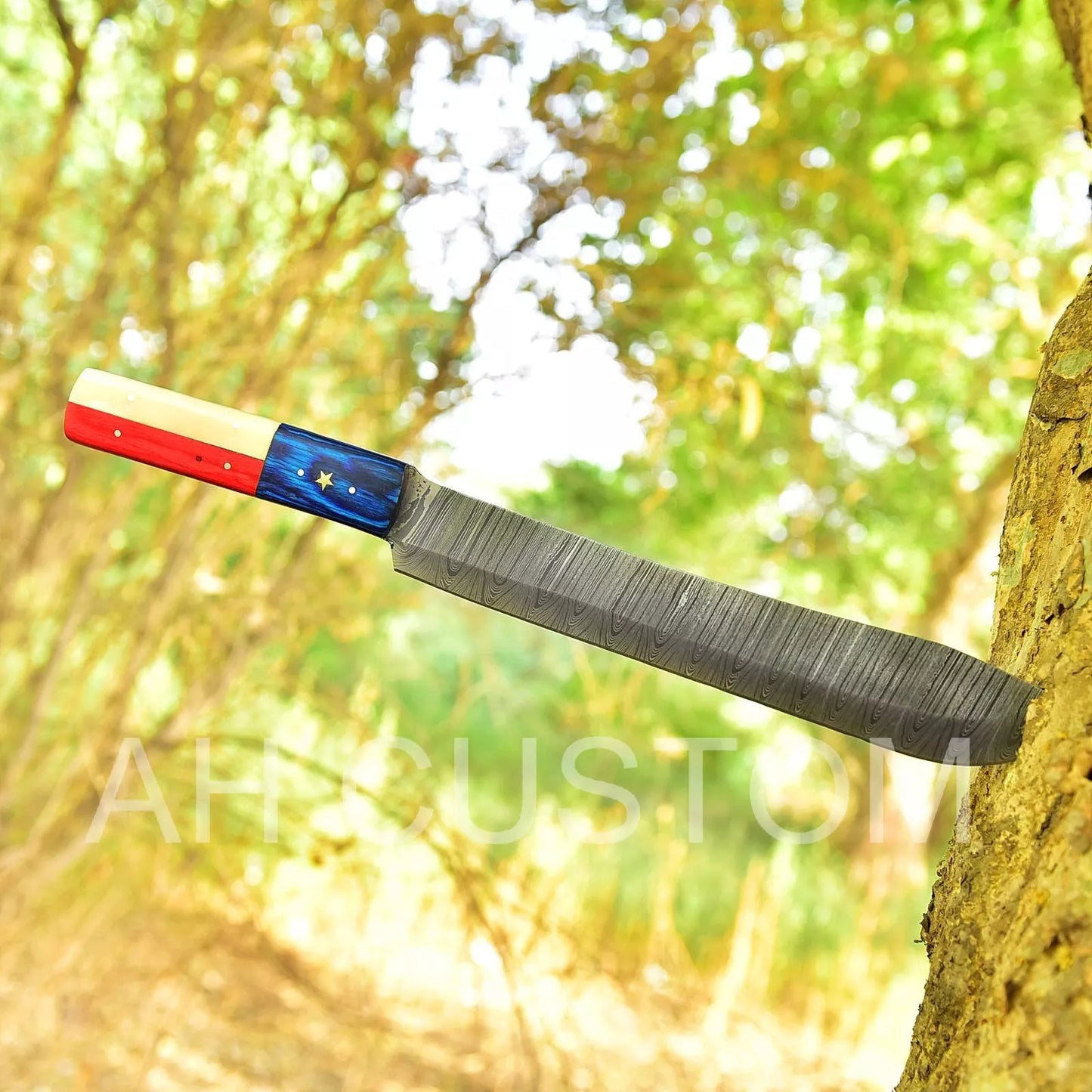 HAND FORGED DAMASCUS STEEL BUTCHER/BRISKET CHEF KNIFE & TEXAS FLAG HANDLE