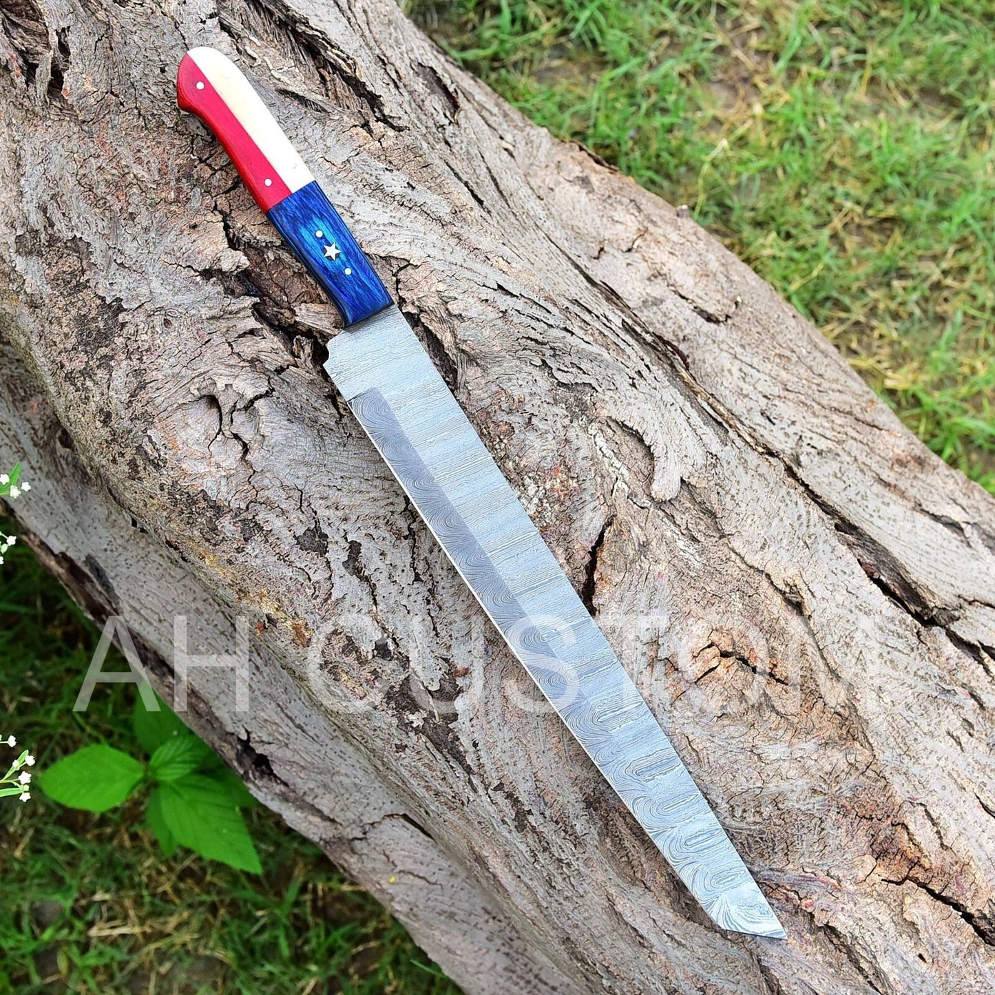 15"HAND FORGED DAMASCUS STEEL BUTCHER TANTO CHEF KNIFE & TEXAS FLAG HANDLE