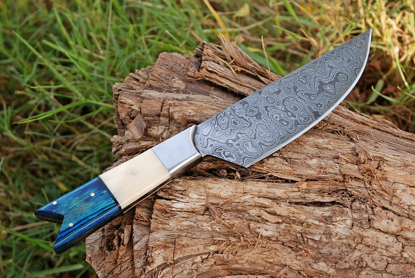 HAND FORGED DAMASCUS STEEL CHEF KNIFE WITH BONE & WOOD HANDLE