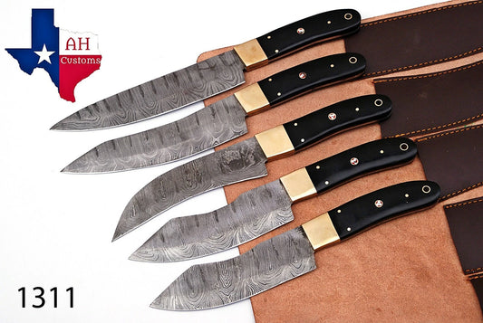 HAND FORGED DAMASCUS STEEL CHEF KITCHEN KNIFE SET WITH HORN HANDLE