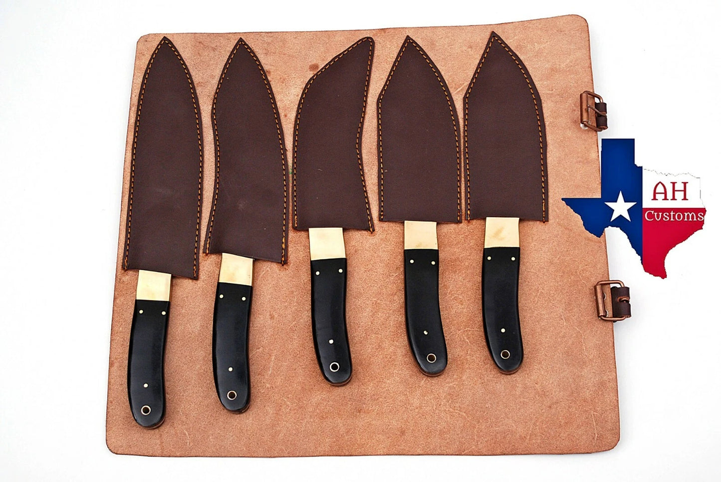 HAND FORGED DAMASCUS STEEL CHEF KITCHEN KNIFE SET WITH HORN HANDLE