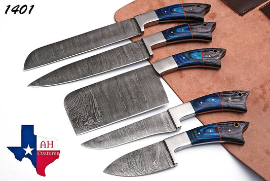 HAND FORGED DAMASCUS STEEL CHEF KITCHEN KNIFE SET WITH WOOD HANDLE