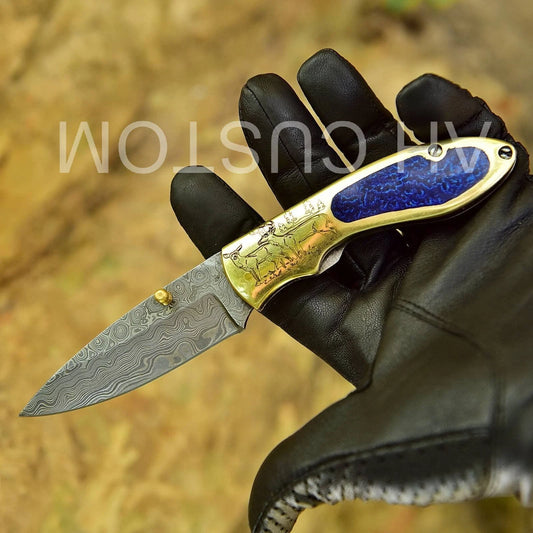 Premium Custom Handmade Damascus Folding Pocket Knife – Brass Handle | 512 Layers | Leather Sheath Included 2334