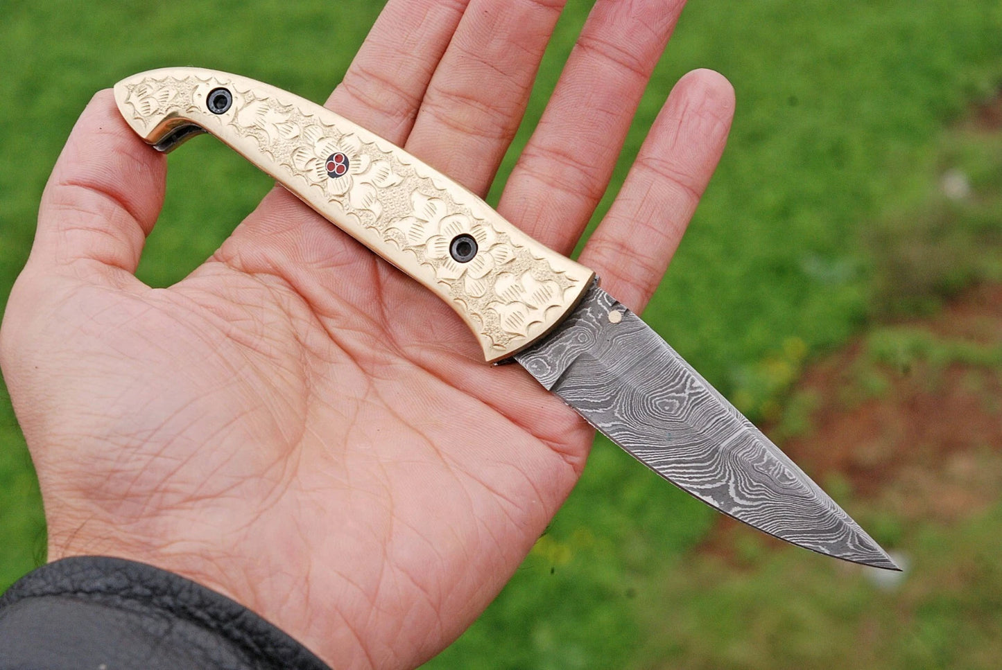 Hand Forged Damascus Steel Folding Pocket Knife with Brass Engraved Handle – 512 Layers EDC Knife with Leather Sheath