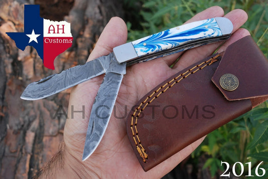 Custom Handmade 512-Layer Damascus Steel Double Blade Trapper Folding Pocket Knife with Resin Handle & Leather Sheath
