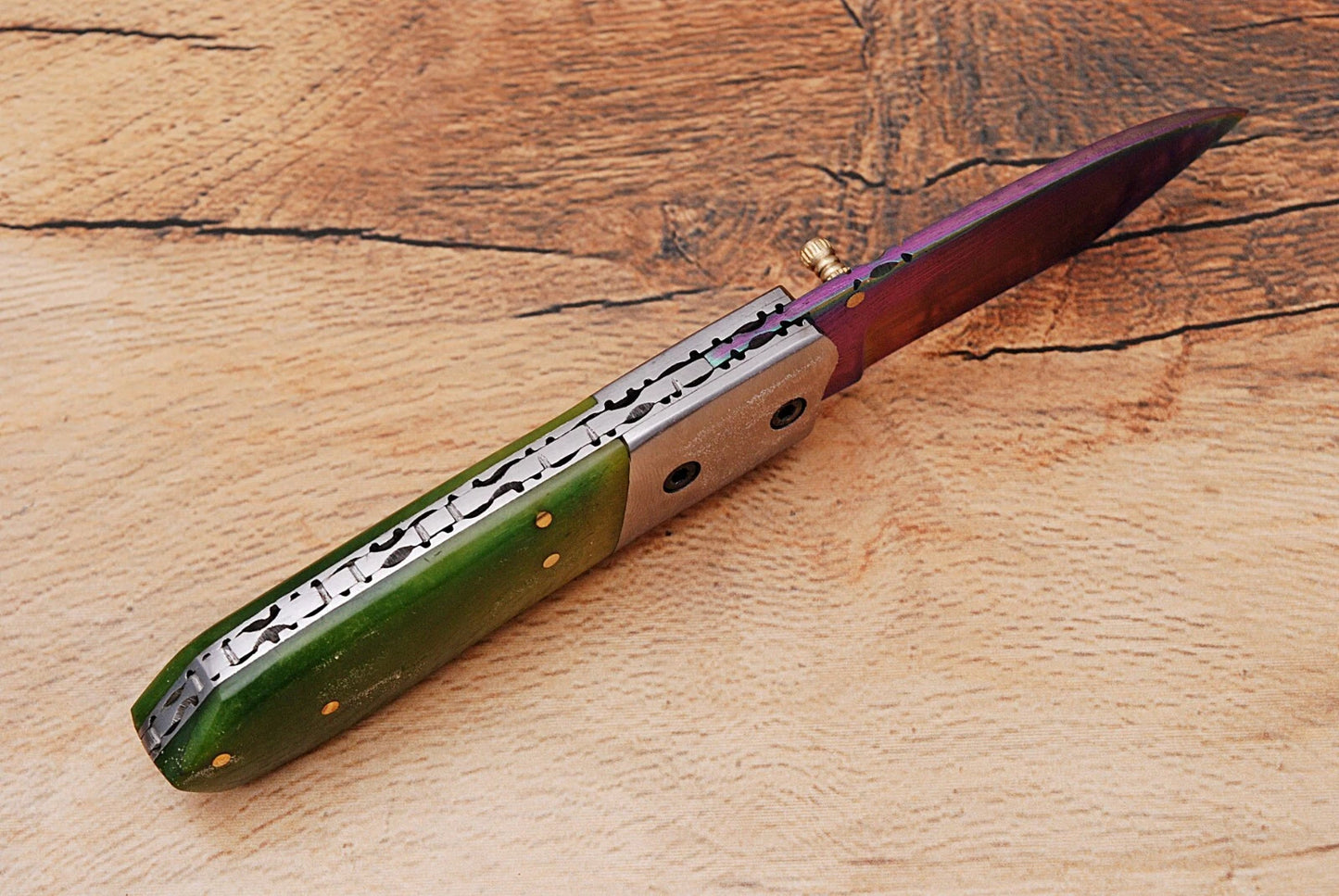Handmade 512-Layer Damascus Steel Folding Pocket Knife with Bone Handle & Leather Sheath