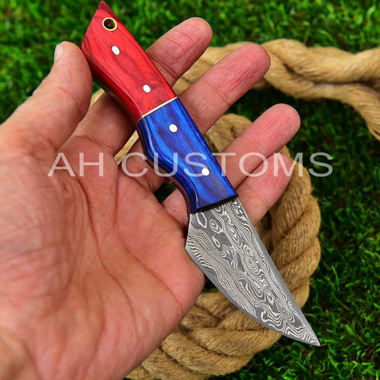Hand Forged Damascus Steel Fixed Blade Tool with Wood Handle – 512 Layers Compact Utility Tool with Leather Sheath
