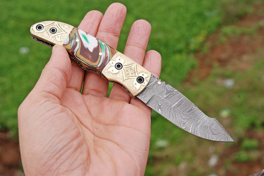 Hand Forged Damascus Steel Folding Pocket Knife with Risen & Bolster Handle – 512 Layers EDC Knife with Leather Sheath 1596