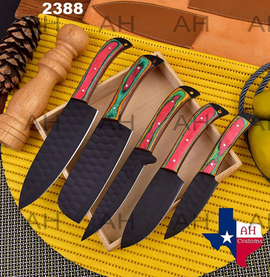 Custom Handmade Carbon Steel Chef Knife Set – 5 Piece Kitchen Knives with Leather Sheath