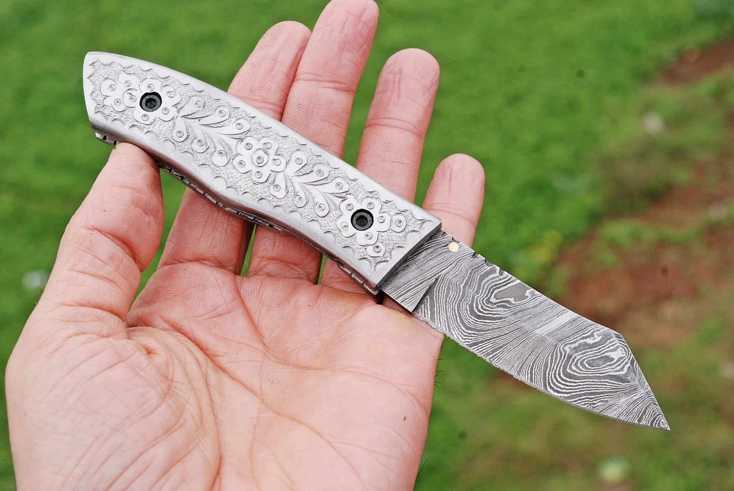 Hand Forged Damascus Steel Folding Pocket Knife with Steel Engraved Handle – 512 Layers EDC Knife with Leather Sheath