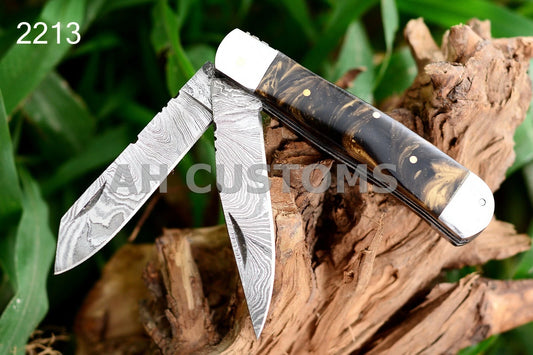 Custom Handmade Damascus Steel Double Blade Trapper Folding Knife – 512 Layers Pocket Knife with Leather Sheath 2213