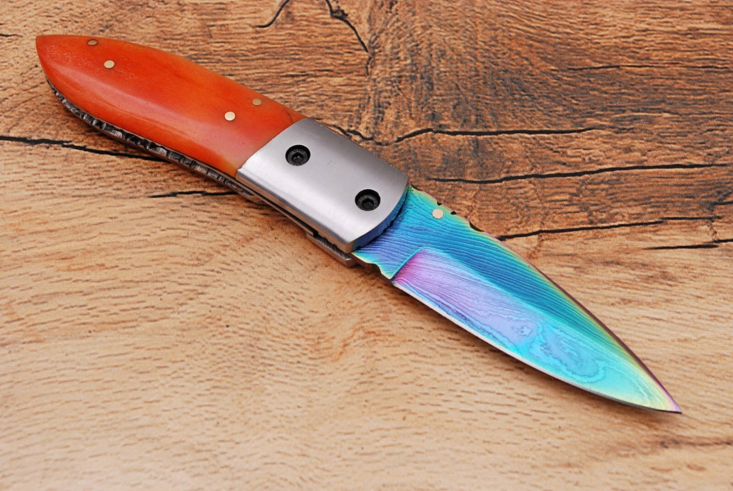 Handmade 512-Layer Damascus Steel Folding Pocket Knife with Bone Handle & Leather Sheath