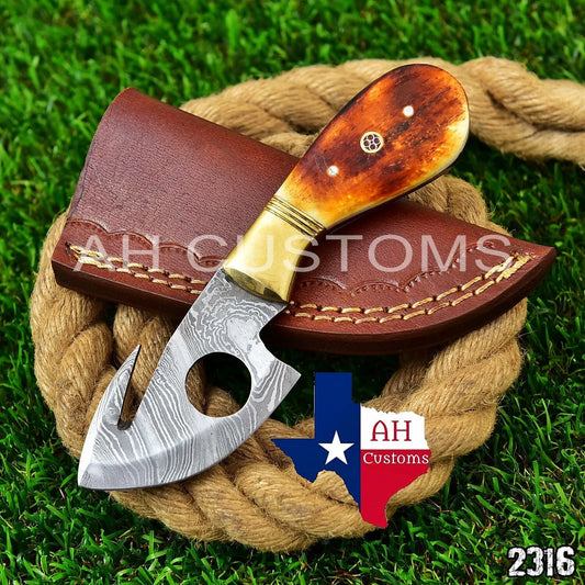 Hand Forged Damascus Steel Gut Hook Style Fixed Blade Knife with Bone Handle & Leather Sheath – 512 Layers Compact Outdoor & EDC Knife