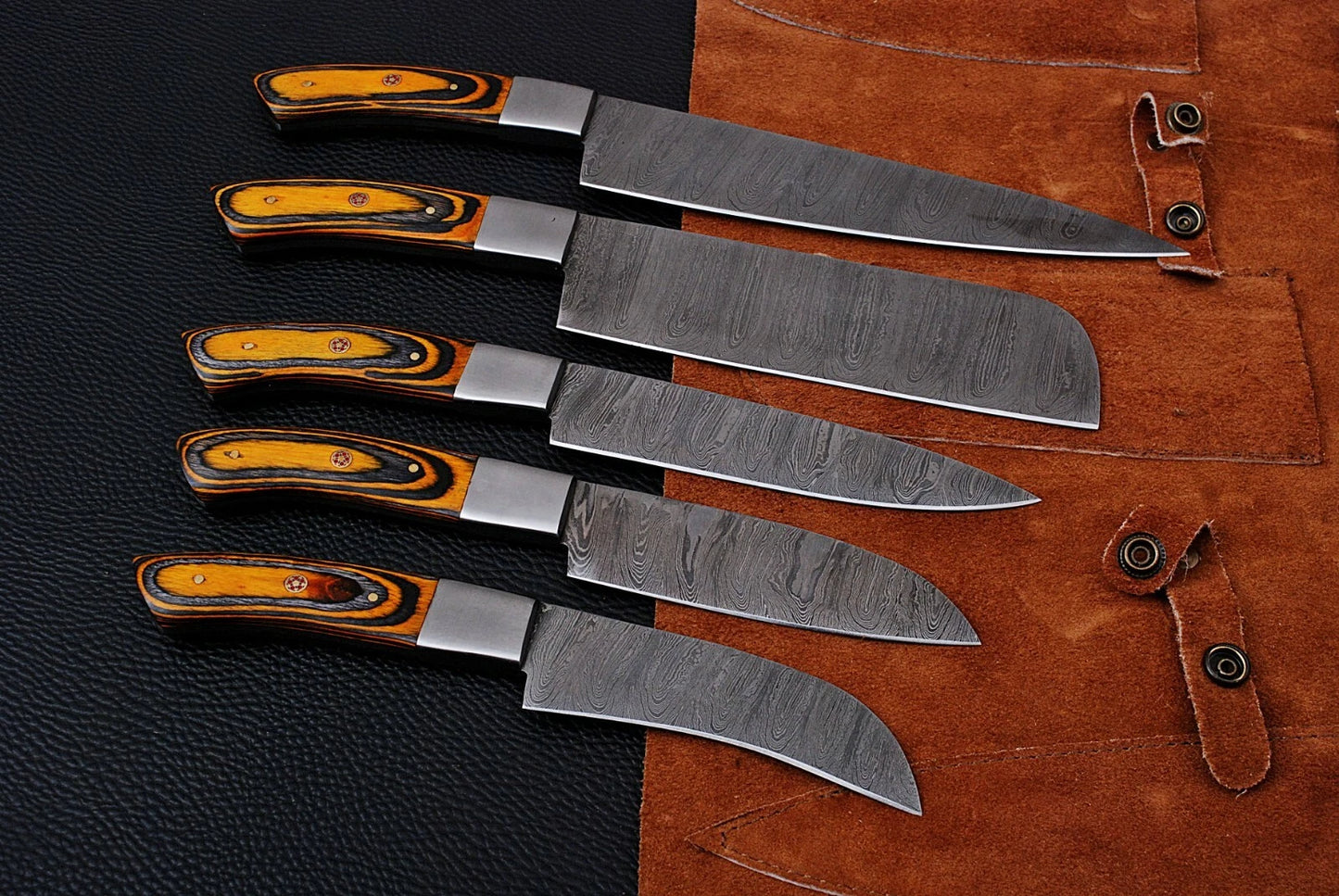 5-Piece Hand Forged Damascus Steel Kitchen Knife Set with Wood Handle – 512 Layers Chef Knives & Cleaver with Leather Sheath