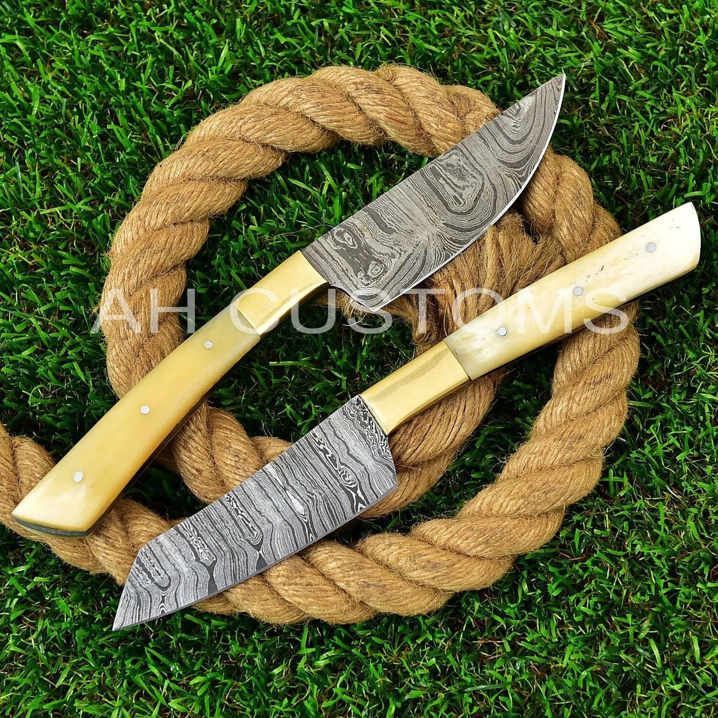 Handmade Damascus Steel Steak Knife Kitchen Set with Bone & Brass Handle – 512 Layers Twist Pattern Chef Knives