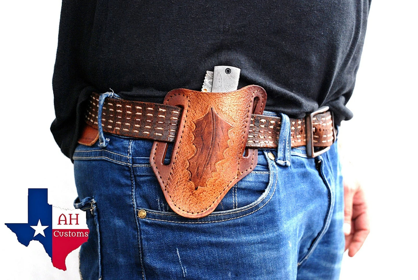 Handmade Engraved Leather Horizontal Sheath for Folding Pocket Knife – Universal 5 Inch Cover