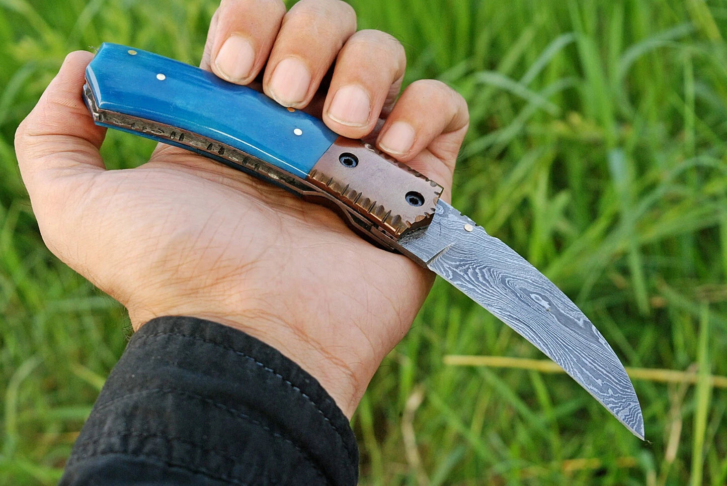 Custom Handmade 512-Layer Damascus Steel Folding Pocket Knife with Bone & Copper Bolster Handle – Leather Sheath