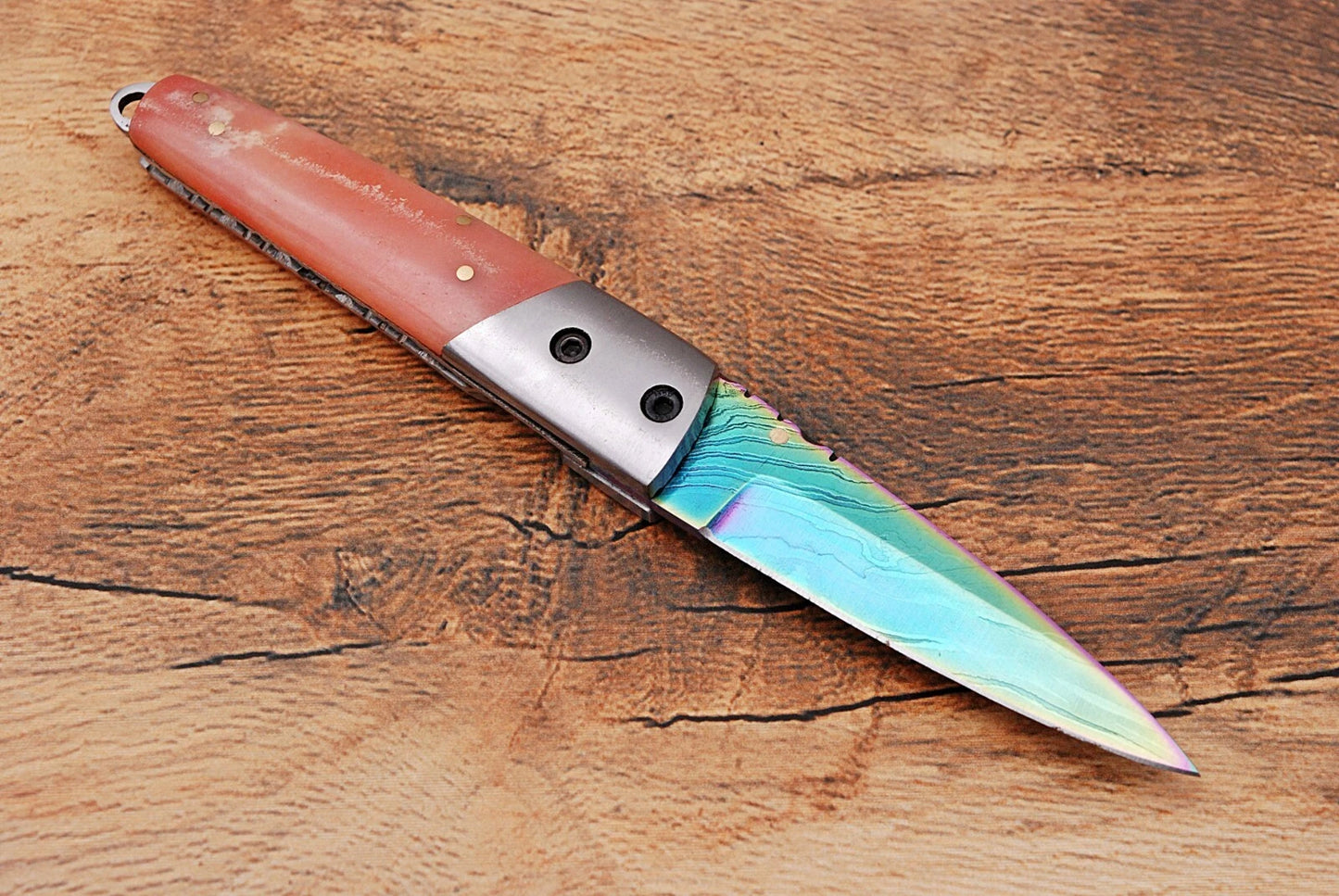 Handmade 512-Layer Damascus Steel Folding Pocket Knife with Bone Handle & Leather Sheath