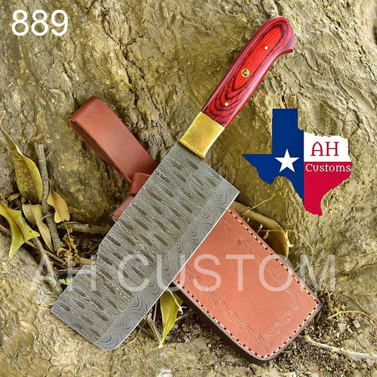 Hand Forged Damascus Steel Meat Cleaver Anniversary Gift For Him Meat Chopper Chef's Knife Gift For A Chef Everyday Carry Knife With Brass Bolster 889