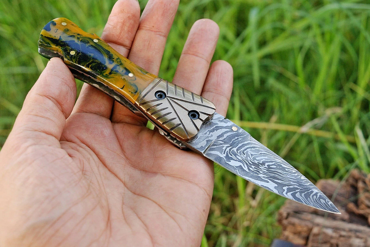 Premium Hand-Forged Damascus Folding Pocket Knife – Copper Bolster Handle | 512 Layers | Leather Sheath Included