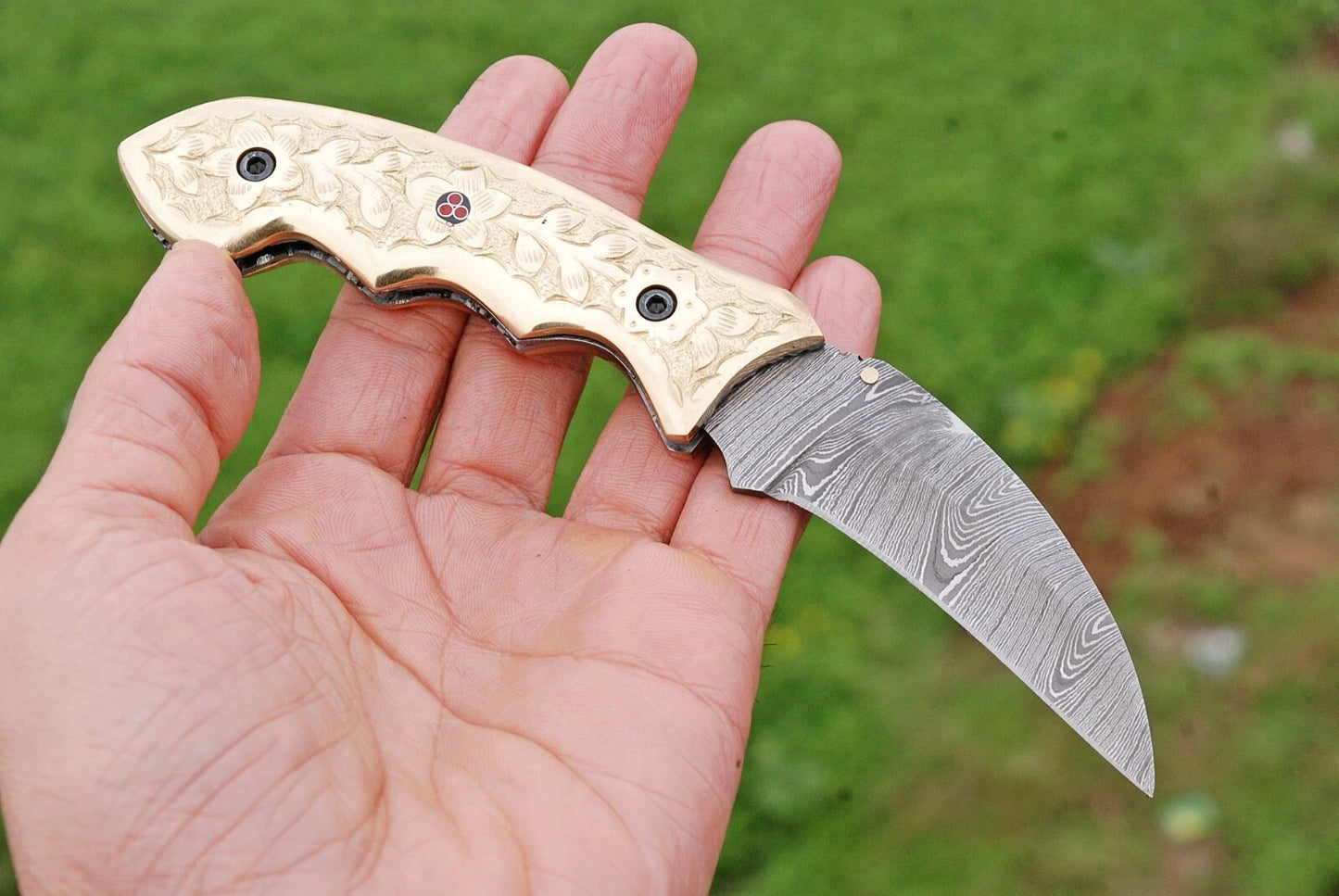 Handmade 512-Layer Damascus Steel Folding Pocket Knife with Engraved Brass Handle & Leather Sheath