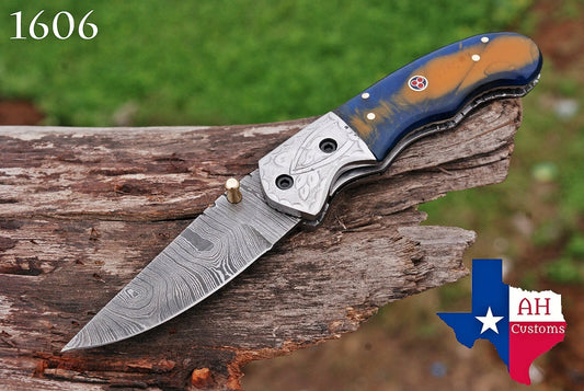 Hand Forged Damascus Steel Folding Pocket Knife with Risen & Bolster Handle – 512 Layers EDC Knife with Leather Sheath