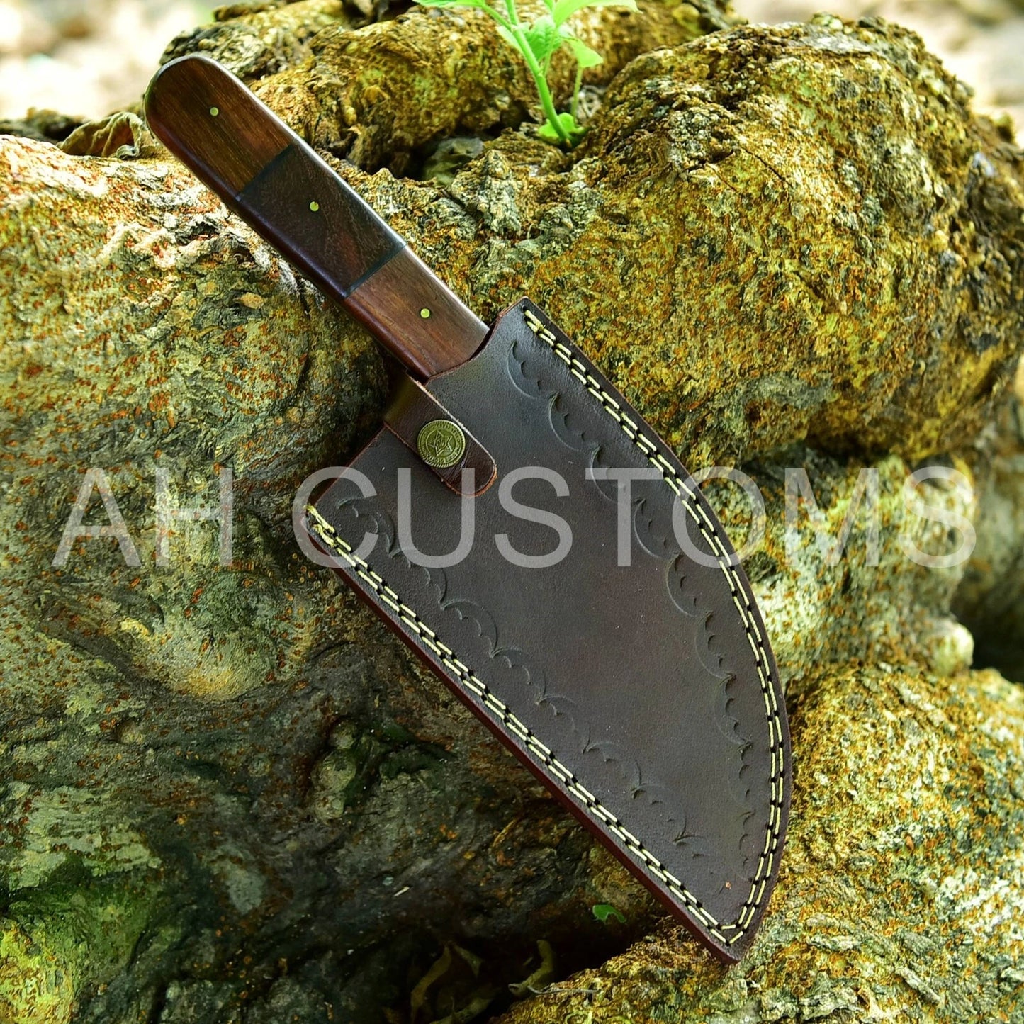 Handmade Railroad Spike High Carbon Steel Meat Cleaver Knife with Wood Handle – Forged 1095 Steel Kitchen Cleaver with Leather Sheath