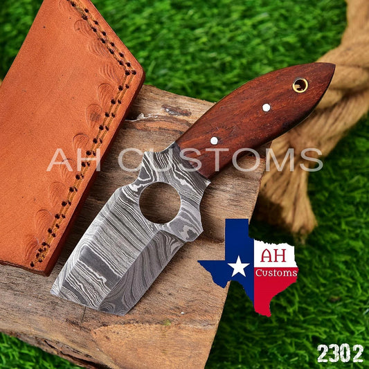 Custom Handmade Damascus Steel Fixed Blade Utility Tool with Wood Handle – 512 Layers Compact Collectible with Leather Sheath