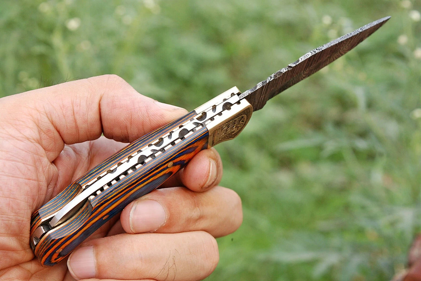 Handmade 512-Layer Damascus Steel Folding Pocket Knife with Wood Handle & Leather Sheath