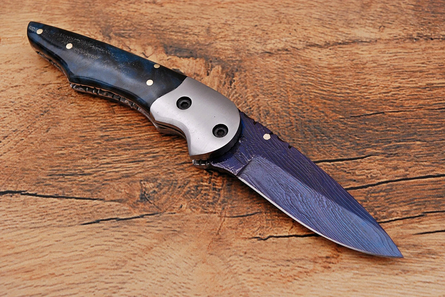 Handmade 512-Layer Damascus Steel Folding Pocket Knife with Bone Handle & Leather Sheath