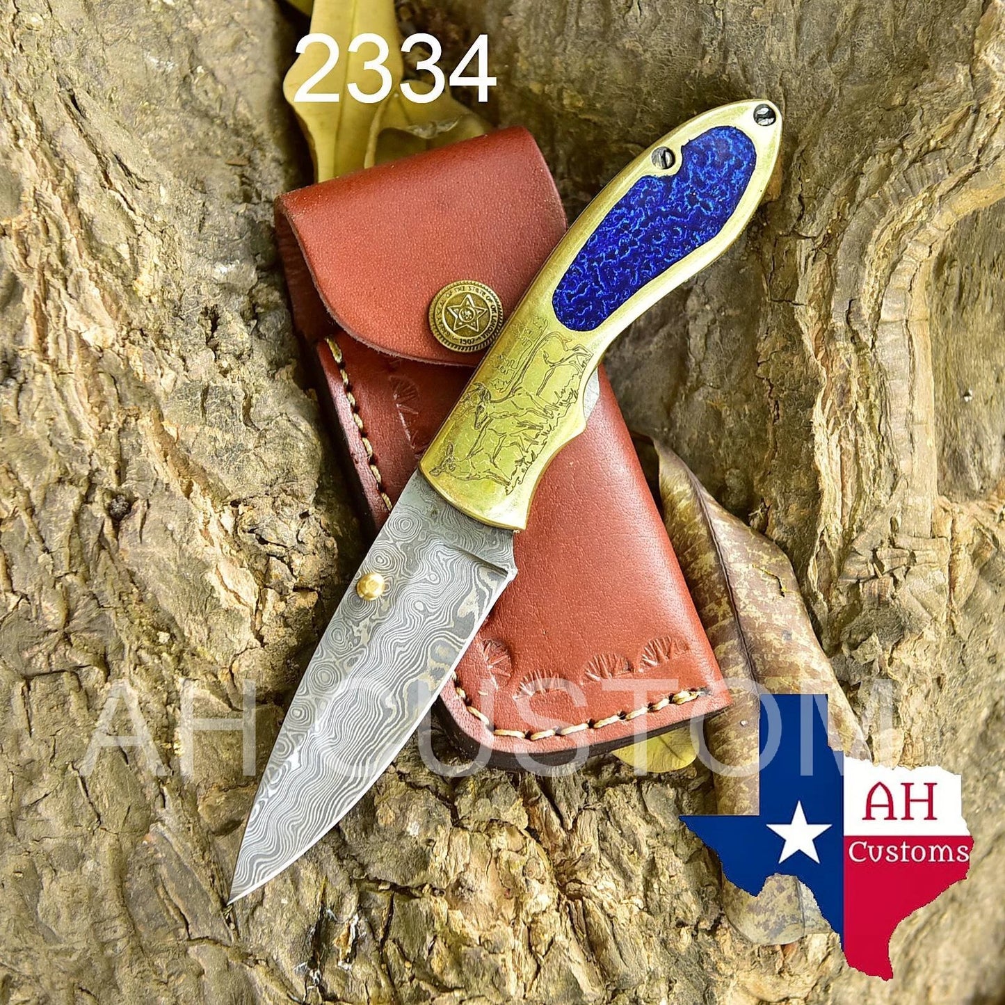 Premium Custom Handmade Damascus Folding Pocket Knife – Brass Handle | 512 Layers | Leather Sheath Included