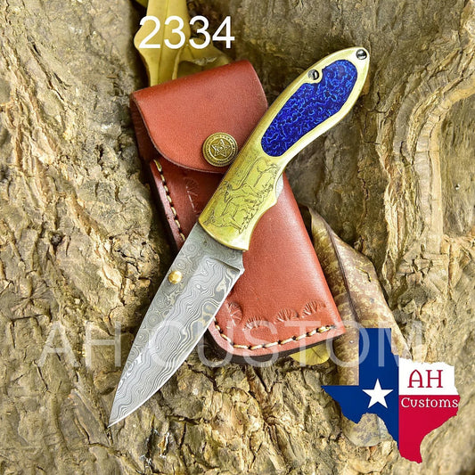 Premium Custom Handmade Damascus Folding Pocket Knife – Brass Handle | 512 Layers | Leather Sheath Included 2334