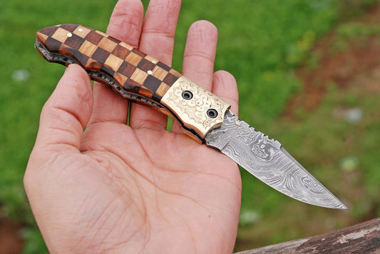 Hand Forged Damascus Steel Folding Pocket Knife with Wood & Bolster Handle – 512 Layers EDC Knife with Leather Sheath 1597